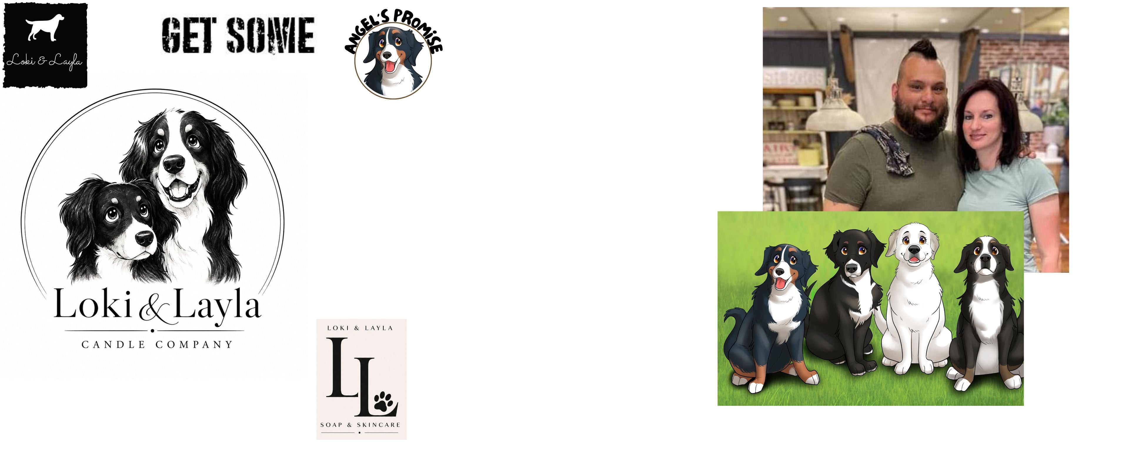 Promotional image for Loki & Layla Candle Company featuring a couple with their dogs.