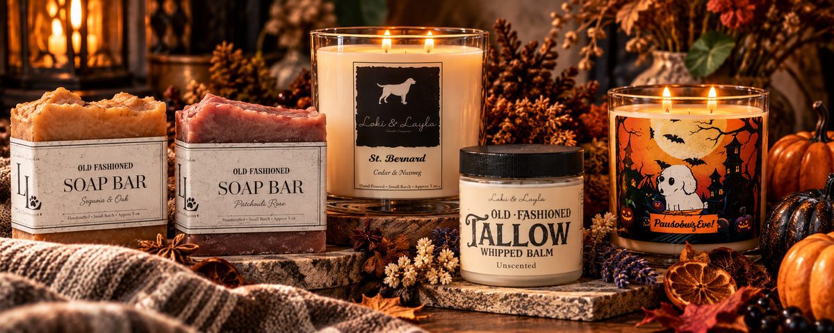 Loki & Layla autumn collection featuring handcrafted soap, tallow balm and glowing candles
