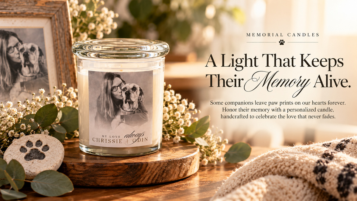 Loki and Layla personalized memorial candle with cherished dog photograph, flowers and remembrance message, without button artwork
